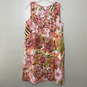 J JILL Love Linen Pinafore Shift Dress Pink/Green Tropical Floral Hand Painted